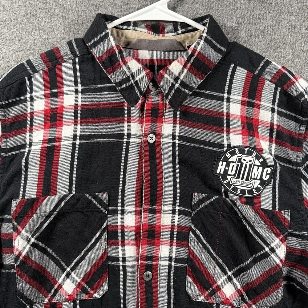 Harley-Davidson Shirt Mens L Black Plaid Flannel Button Up Elbow Patches HDMC